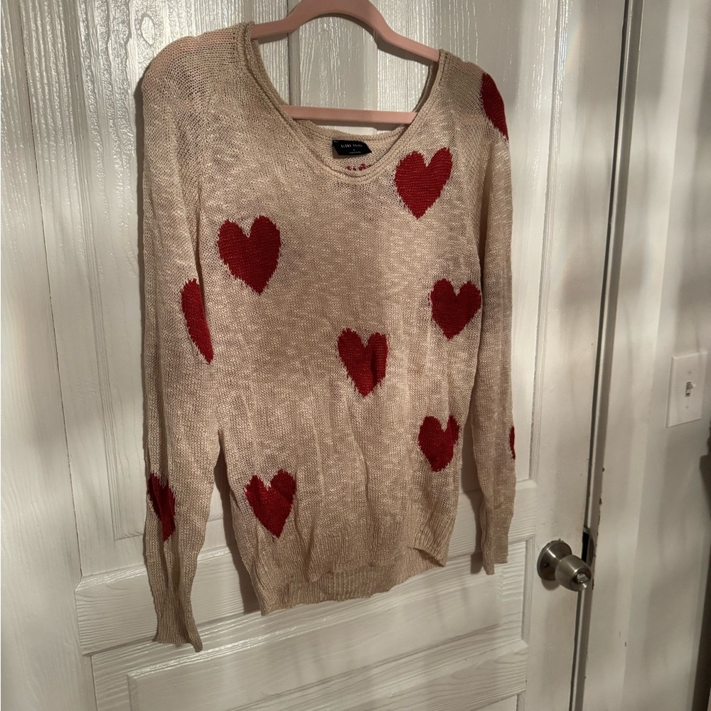 Cozy Red and Cream Heart Pattern Crew Neck Sweater